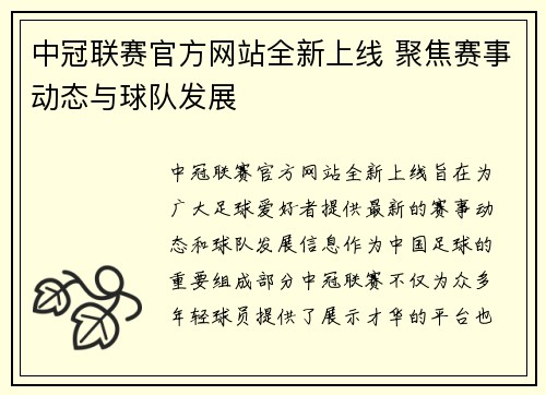 中冠联赛官方网站全新上线 聚焦赛事动态与球队发展