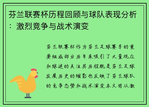 芬兰联赛杯历程回顾与球队表现分析：激烈竞争与战术演变